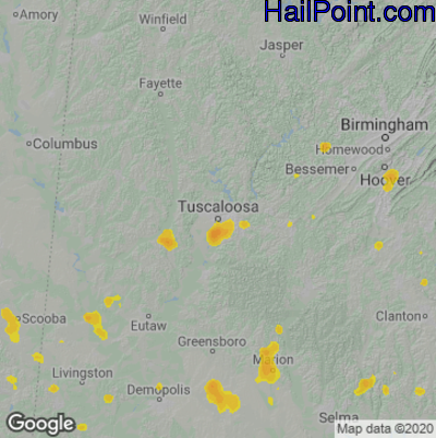 Hail Map for Tuscaloosa, AL Region on August 11, 2020