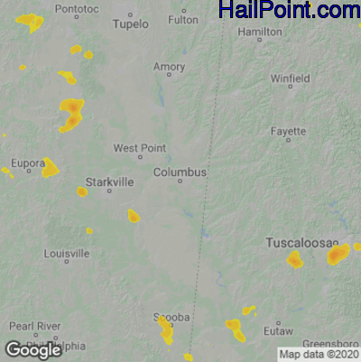 Hail Map for Columbus, MS Region on August 11, 2020 