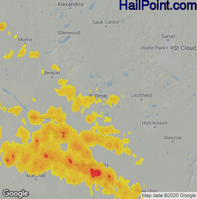 Hail Map for Willmar, MN Region on August 12, 2020
