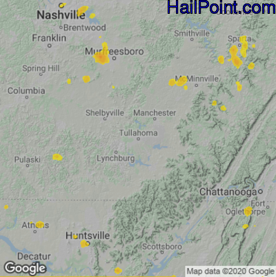 Hail Map for Tullahoma, TN Region on August 12, 2020