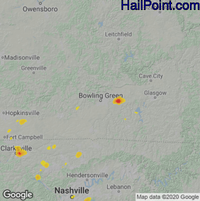 Hail Map for Bowling Green, KY Region on August 12, 2020