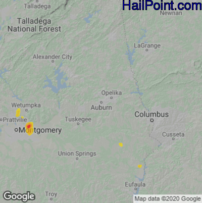 Hail Map for Auburn, AL Region on August 12, 2020