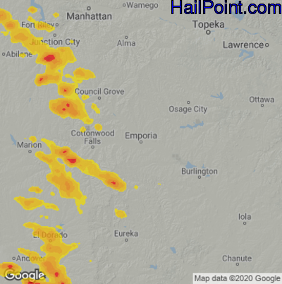 Hail Map for Emporia, KS Region on August 13, 2020 