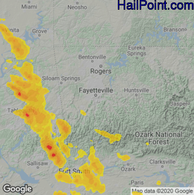 Hail Map for Fayetteville, AR Region on August 14, 2020