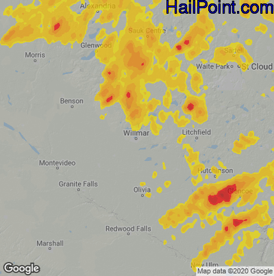 Hail Map for Willmar, MN Region on August 14, 2020
