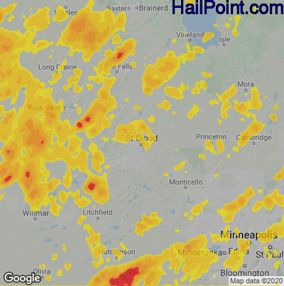 Hail Map for St Cloud, MN Region on August 14, 2020