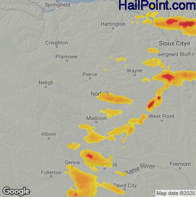 Hail Map for Norfolk, NE Region on August 14, 2020
