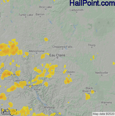 Hail Map for Eau Claire, WI Region on August 15, 2020