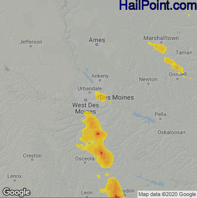 Hail Map for Des Moines, IA Region on August 15, 2020