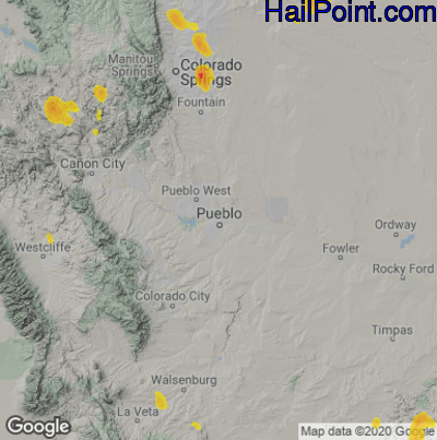 Hail Map for Pueblo, CO Region on August 15, 2020