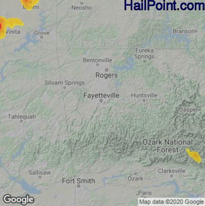 Hail Map for Fayetteville, AR Region on August 15, 2020