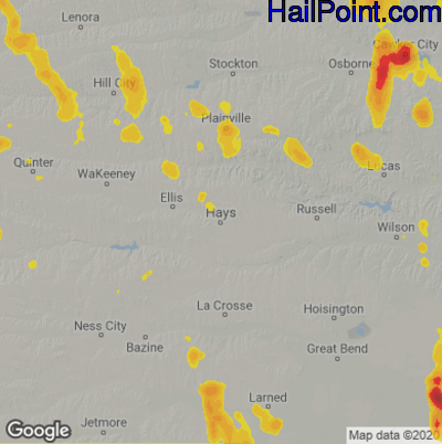 Hail Map for Hays, KS Region on August 16, 2020
