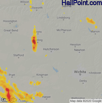 Hail Map for Hutchinson, KS Region on August 16, 2020