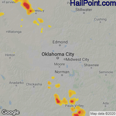 Hail Map for Oklahoma City, OK Region on August 16, 2020
