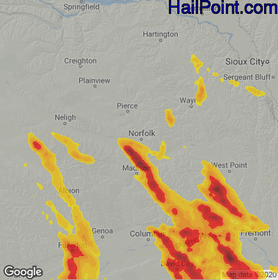 Hail Map for Norfolk, NE Region on August 16, 2020