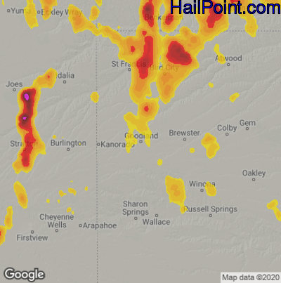 Hail Map for Goodland, KS Region on August 16, 2020 
