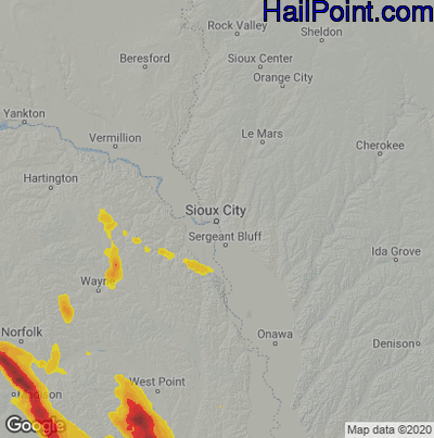 Hail Map for Sioux City, IA Region on August 16, 2020
