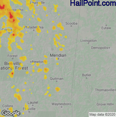 Hail Map for Meridan, MS Region on August 16, 2020