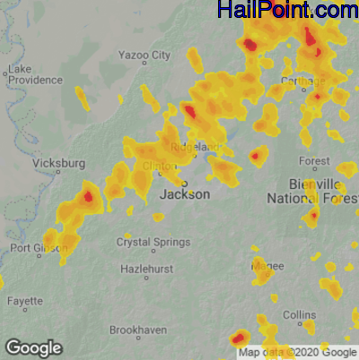 Hail Map for Jackson, MS Region on August 16, 2020