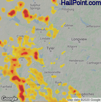 Hail Map for Tyler, TX Region on August 16, 2020