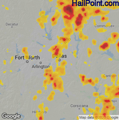 Hail Map for Dallas, TX Region on August 16, 2020 