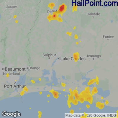 Hail Map for Lake Charles, LA Region on August 16, 2020