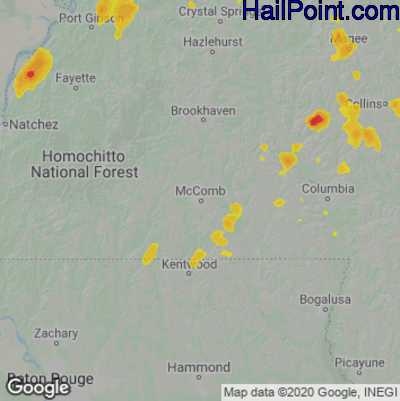Hail Map for McComb, MS Region on August 16, 2020