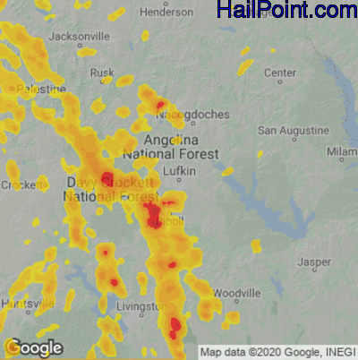 Hail Map for Lufkin, TX Region on August 16, 2020