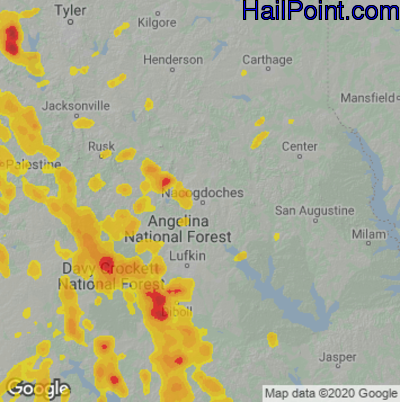 Hail Map for Nacogdoches, TX Region on August 16, 2020 