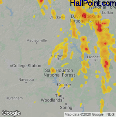 Hail Map for Huntsville, TX Region on August 16, 2020