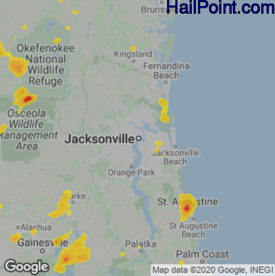 Hail Map for Jacksonville, FL Region on August 18, 2020