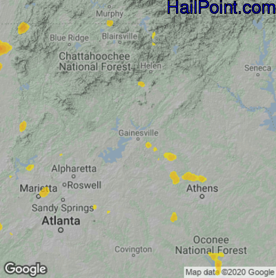 Hail Map for Gainsville, GA Region on August 19, 2020