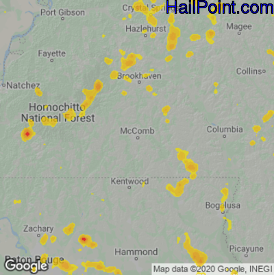 Hail Map for McComb, MS Region on August 20, 2020