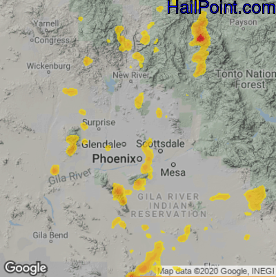 Hail Map for Phoenix, AZ Region on August 20, 2020