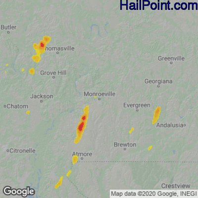 Hail Map for Monroeville, AL Region on August 21, 2020