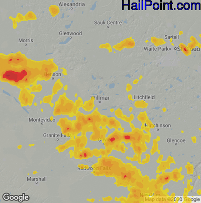 Hail Map for Willmar, MN Region on August 21, 2020