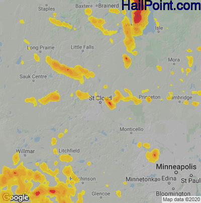 Hail Map for St Cloud, MN Region on August 22, 2020