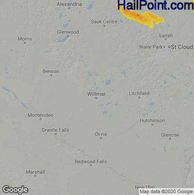 Hail Map for Willmar, MN Region on August 23, 2020