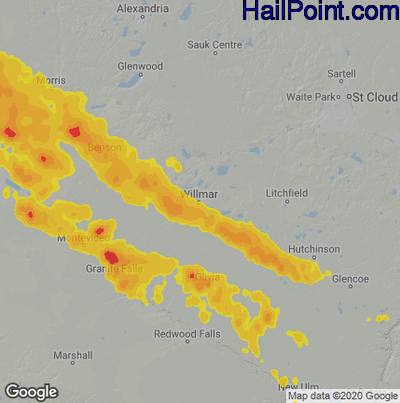 Hail Map for Willmar, MN Region on August 24, 2020