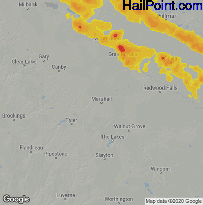 Hail Map for Marshall, SD Region on August 24, 2020