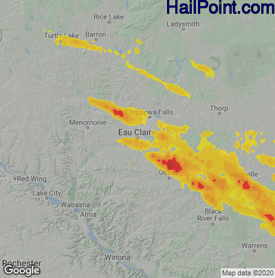 Hail Map for Eau Claire, WI Region on August 24, 2020