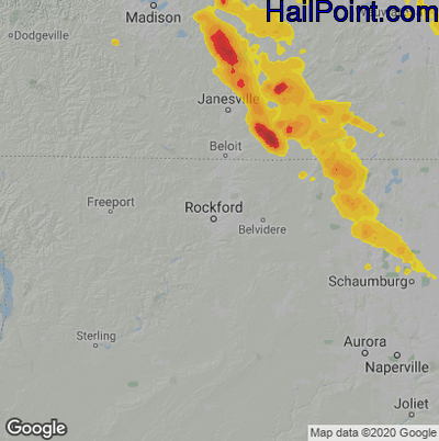 Hail Map for Rockford, IL Region on August 25, 2020