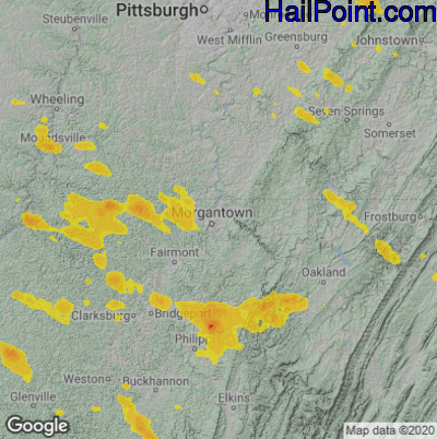 Hail Map for Morgantown, WV Region on August 25, 2020
