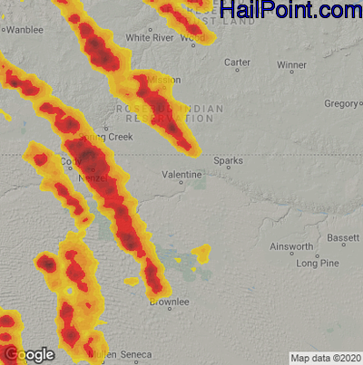 Hail Map for Valentine, NE Region on August 27, 2020