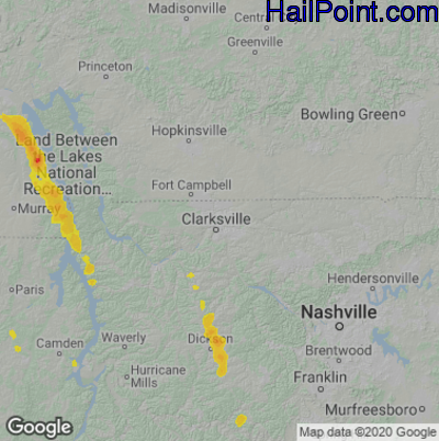 Hail Map for Clarksville, TN Region on August 27, 2020