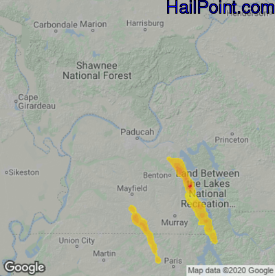 Hail Map for Paducah, KY Region on August 28, 2020