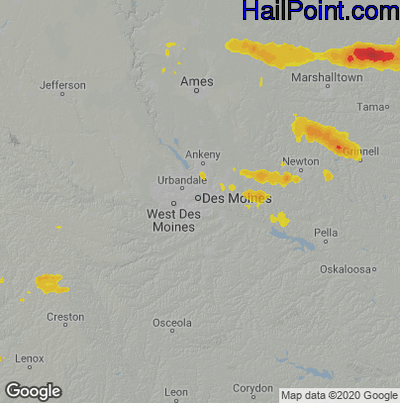Hail Map for Des Moines, IA Region on August 28, 2020