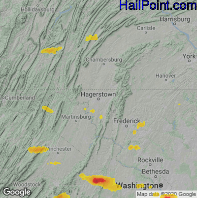 Hail Map for Hagerstown, MD Region on August 28, 2020 