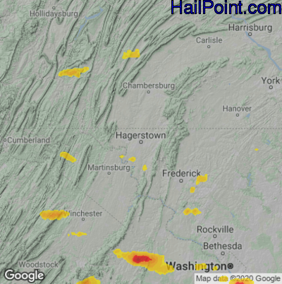 Hail Map for Hagerstown, MD Region on August 28, 2020