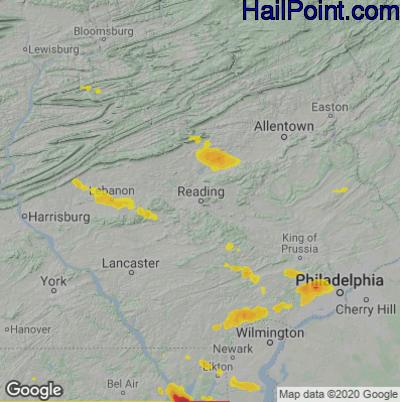 Hail Map for Reading, PA Region on August 28, 2020